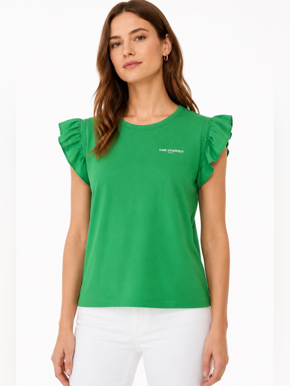 Karl Lagerfeld Scallop Trim Boat Neck Top Green Size M NWT